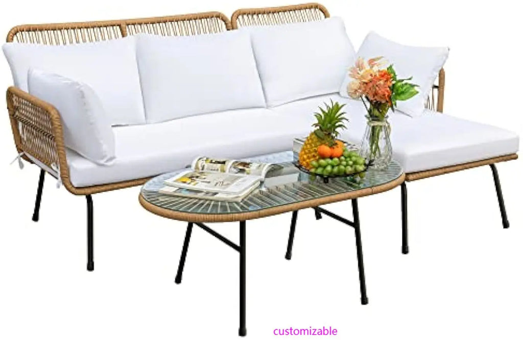 Outdoor L-Shaped Rope Sofa Set with Table & Cushions,