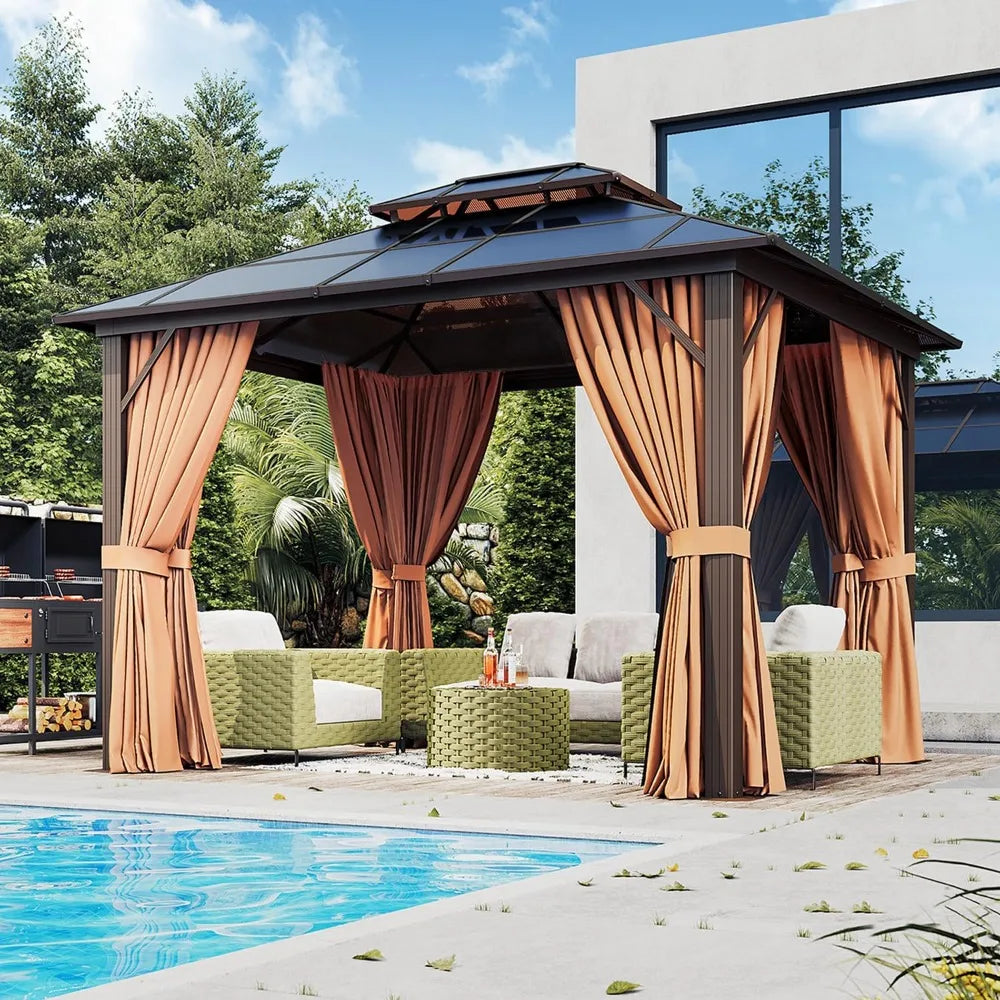 10x12ft Hardtop Gazebo with Double Roof Netting & Curtains
