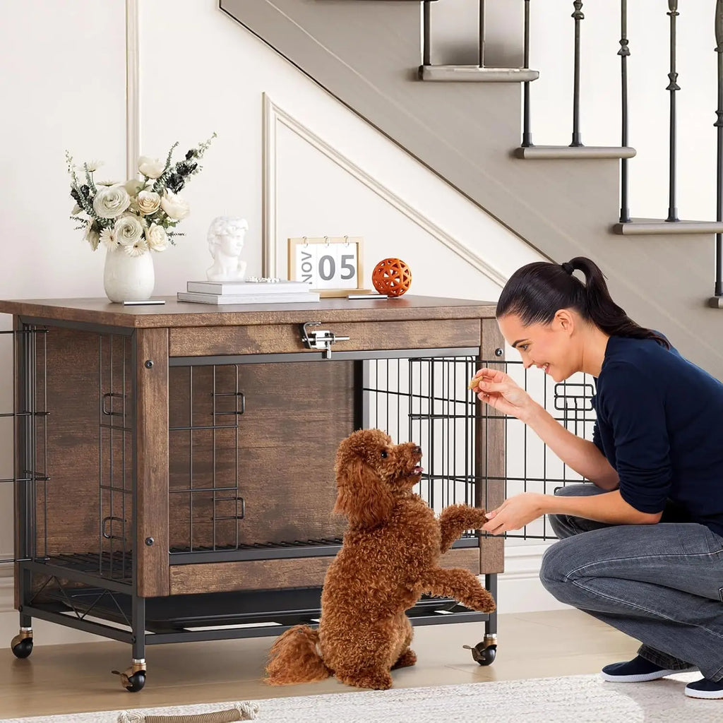 Rustic Dog Crate with Wheels 26in Heavy Duty Metal