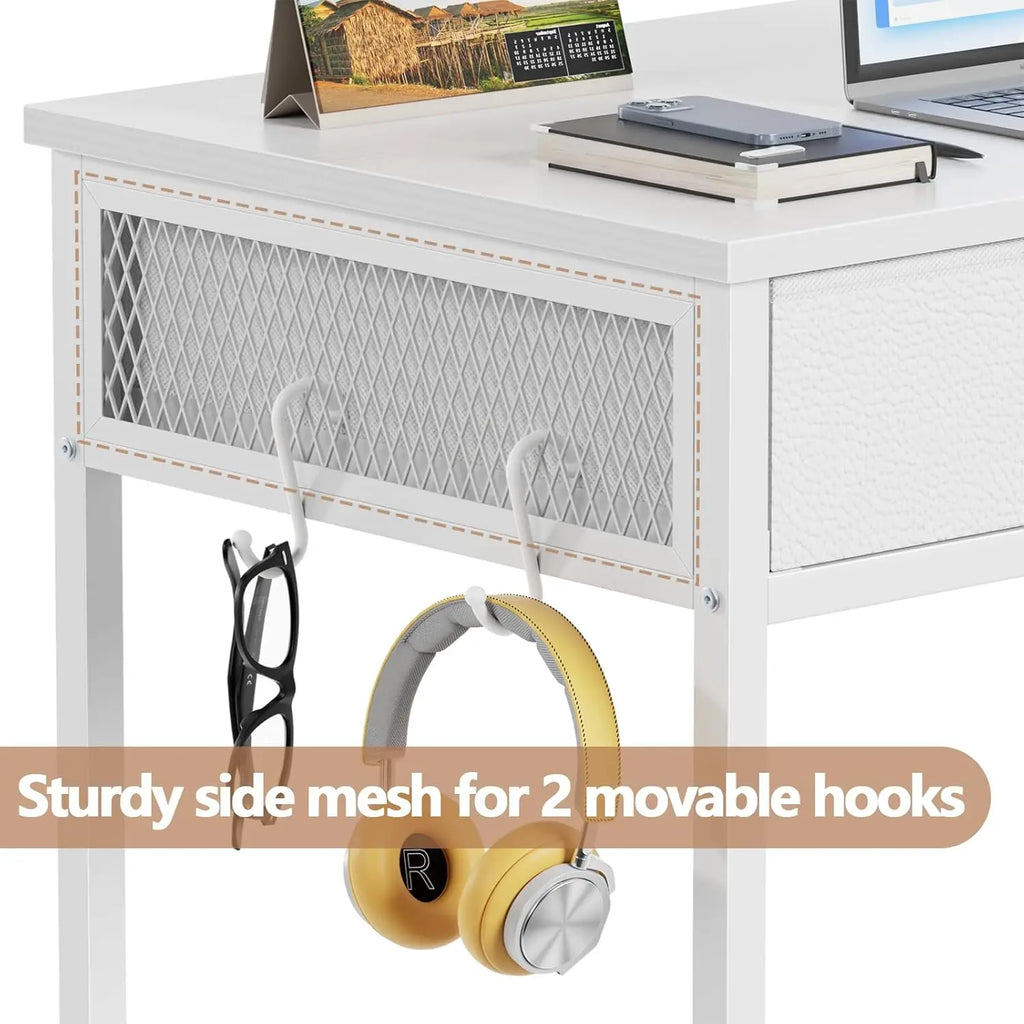 Small White Computer Desk with 2 Fabric Drawers
