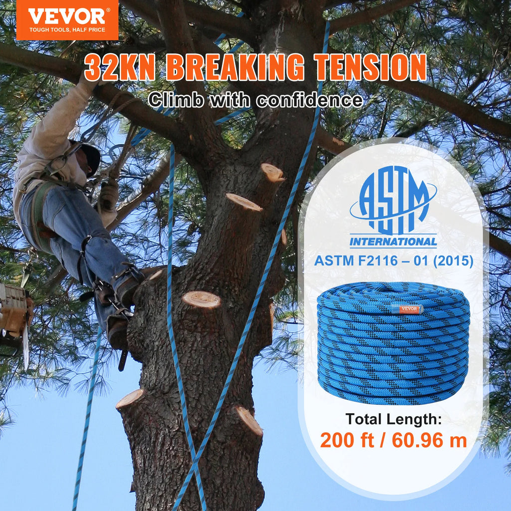 12.7mm Static Climbing Rope 200ft Outdoor with Steel Snap Hooks