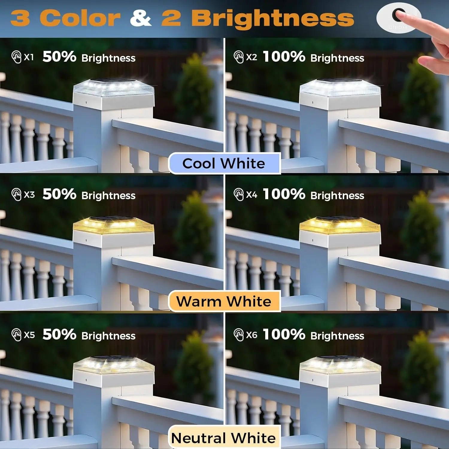4x4 Solar Post Cap Lights, 12-Pack, Waterproof, 3 Color Modes