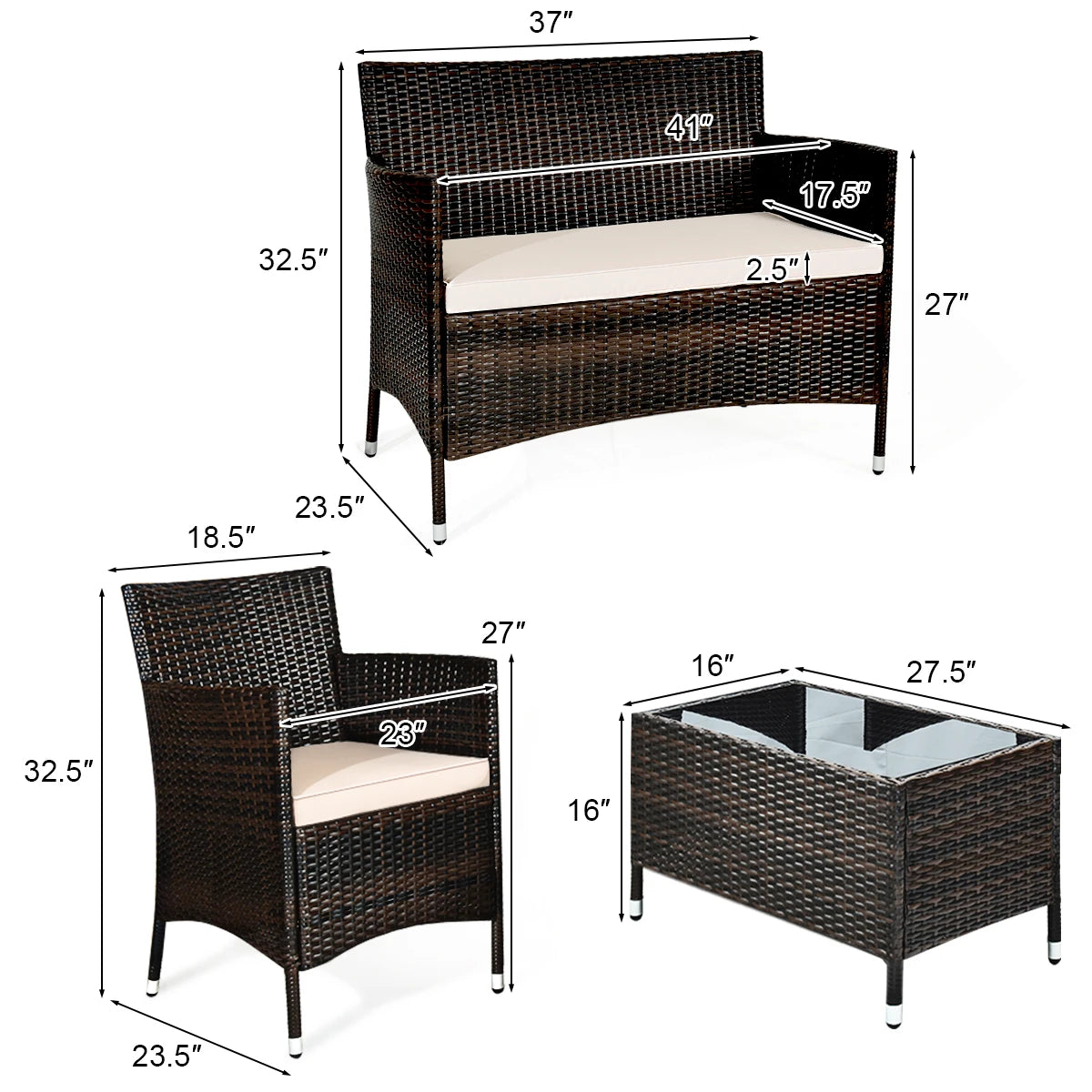 4PCS Rattan Patio Furniture Set With Coffee Table