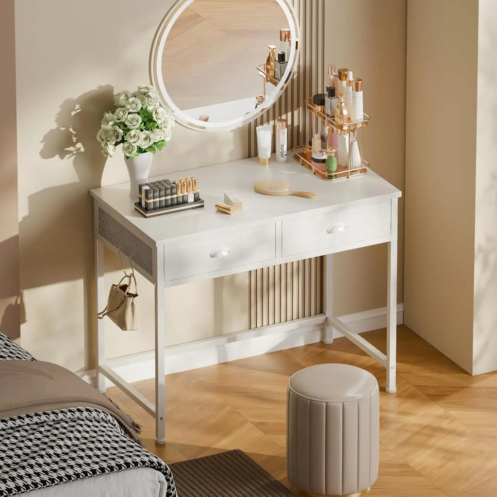 Small White Computer Desk with 2 Fabric Drawers