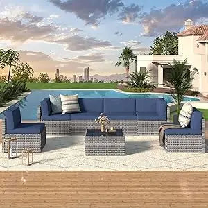 7 Piece Outdoor Patio Furniture Set, Rattan Wicker with Tea Table