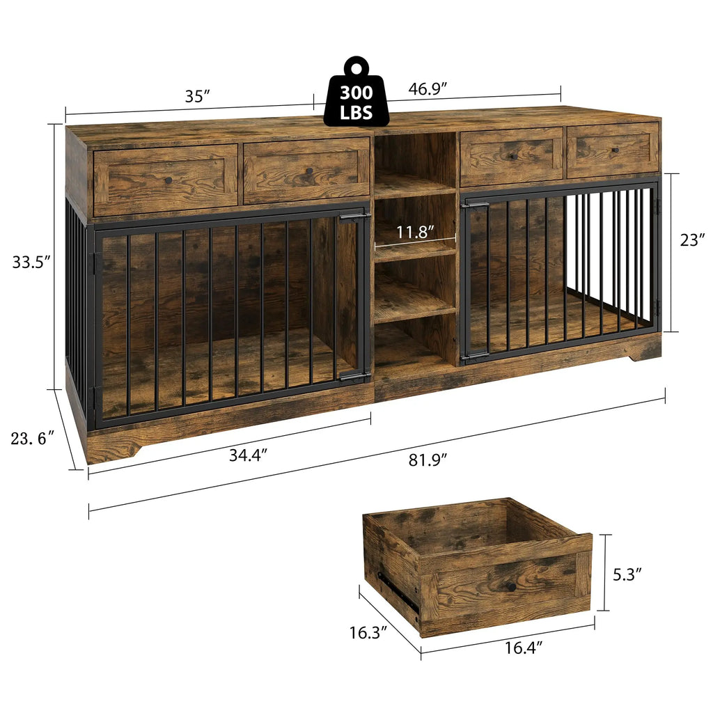 82'' Large Double Dog Crate Furniture TV Stand With 4 Drawers