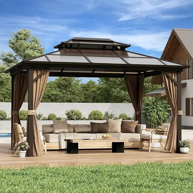 10'x13' Hardtop Gazebo, Outdoor Polycarbonate Double Roof Canopy