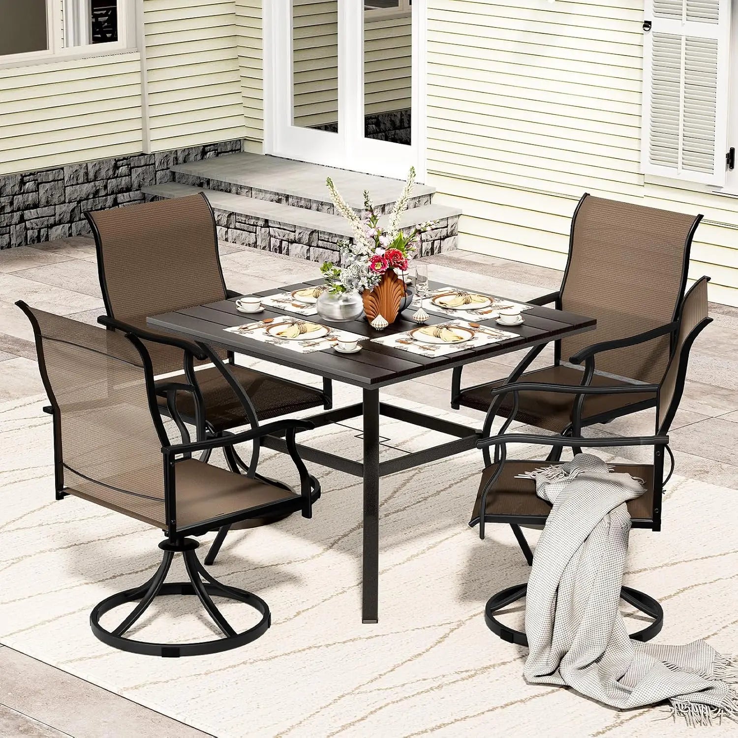 5 Piece Outdoor Patio Dining Set with 4 Swivel Chairs And Table