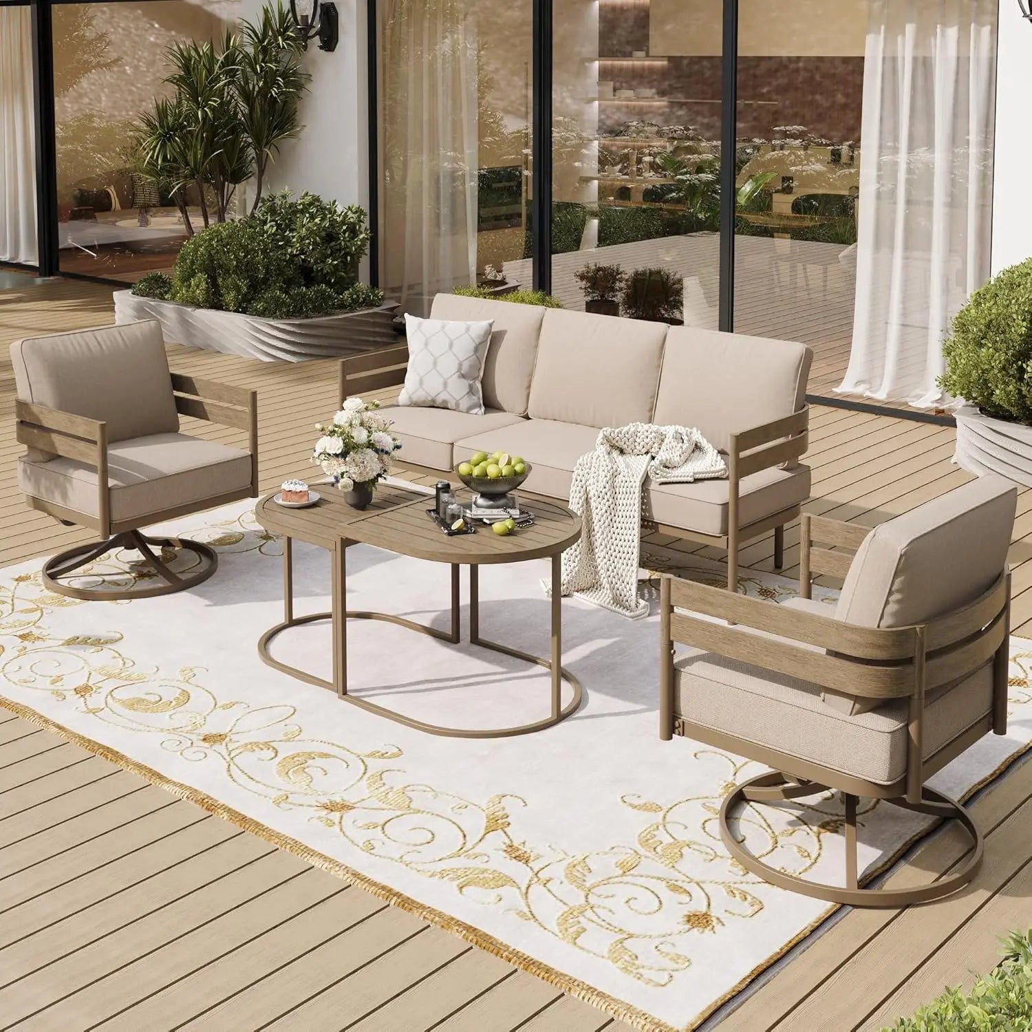 Metal Frame Patio Furniture Set, Wood-Like Modern with Cushion