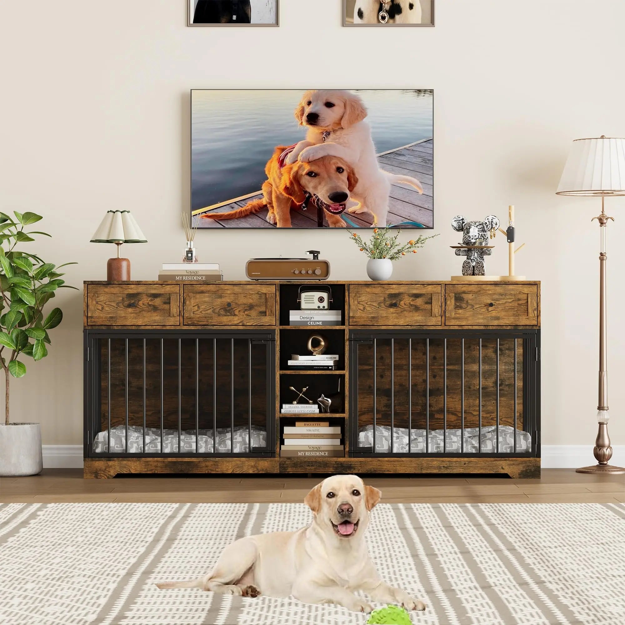 82'' Large Double Dog Crate Furniture TV Stand With 4 Drawers