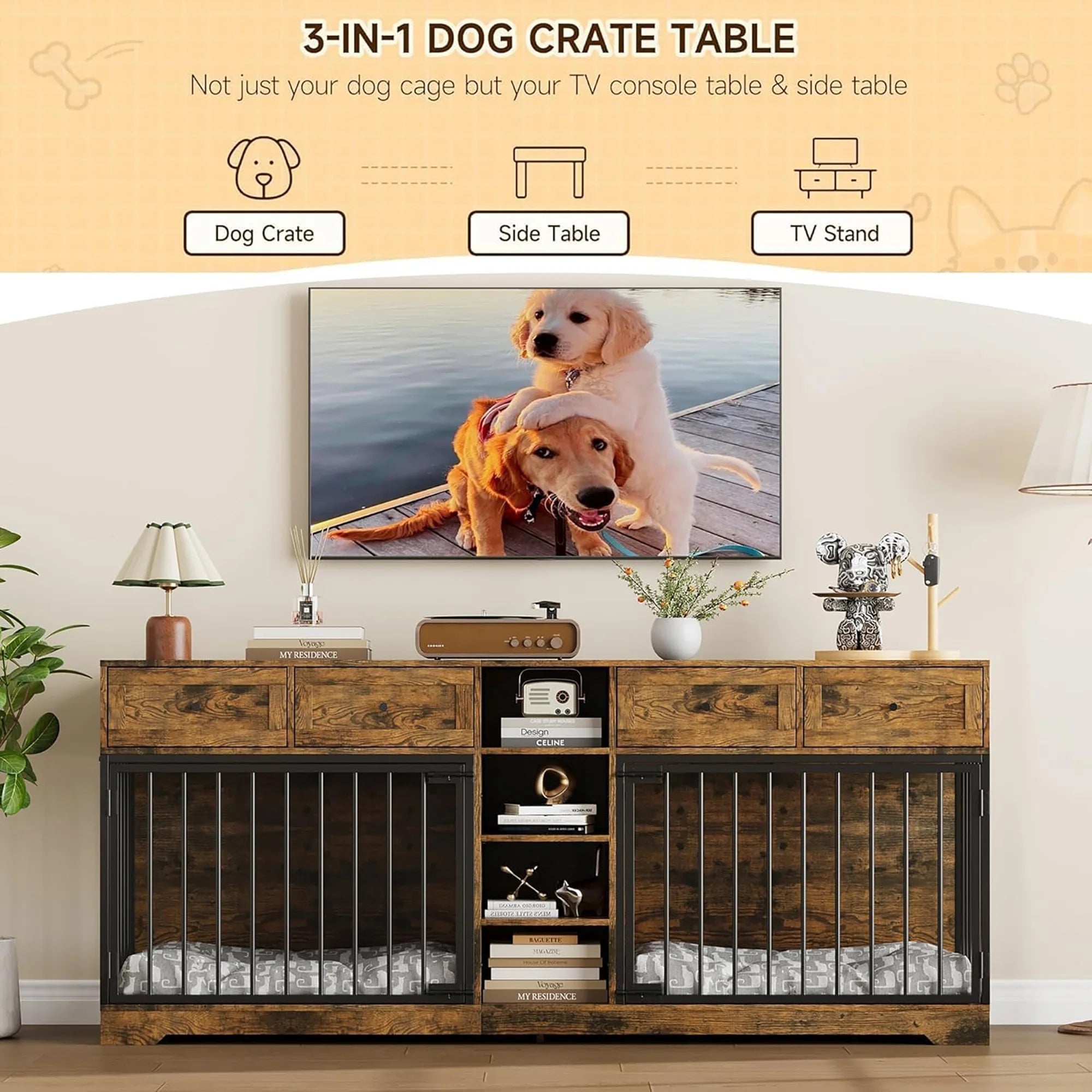 82'' Large Double Dog Crate Furniture TV Stand With 4 Drawers