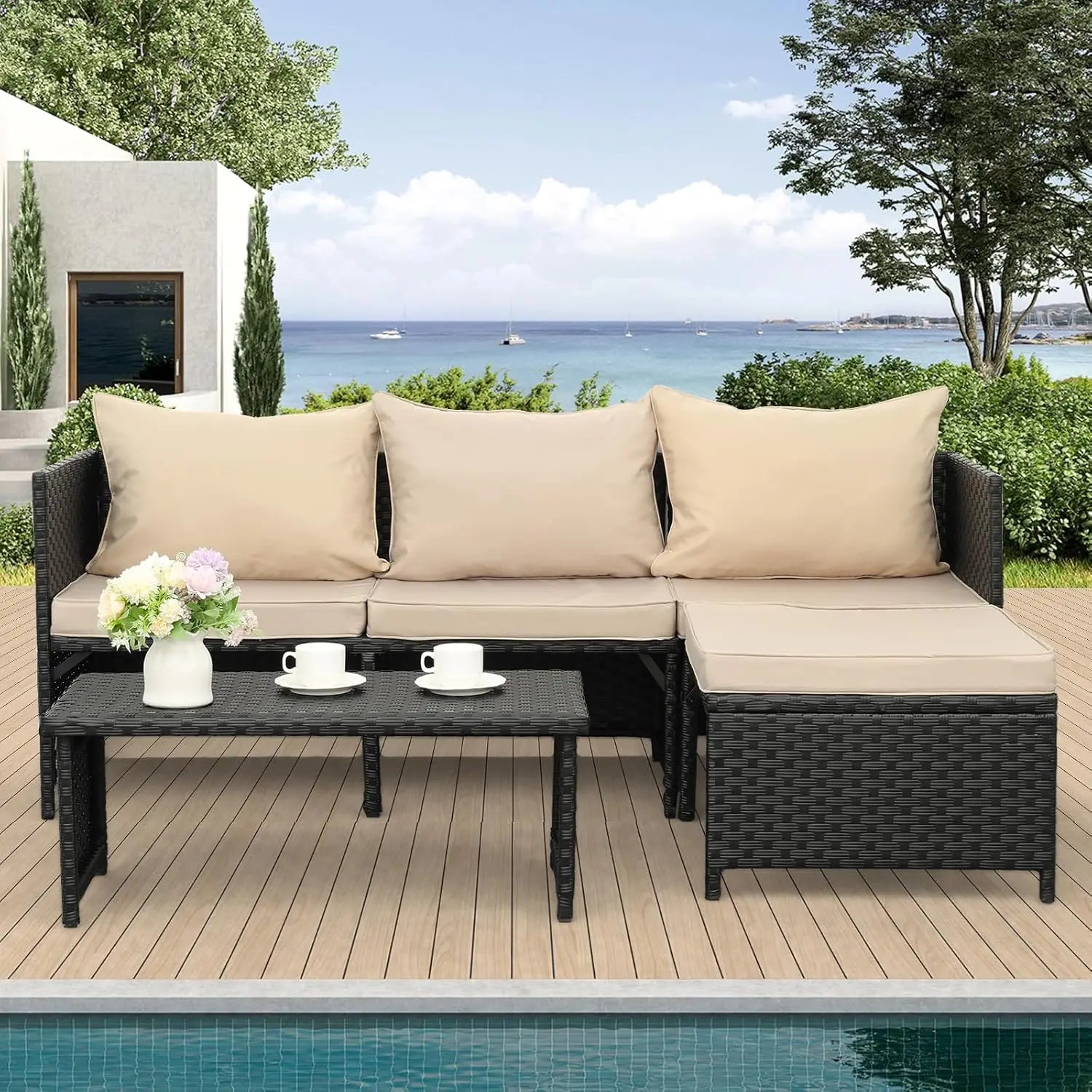 3-Piece Outdoor Rattan Patio Furniture Set, Khaki Cushion