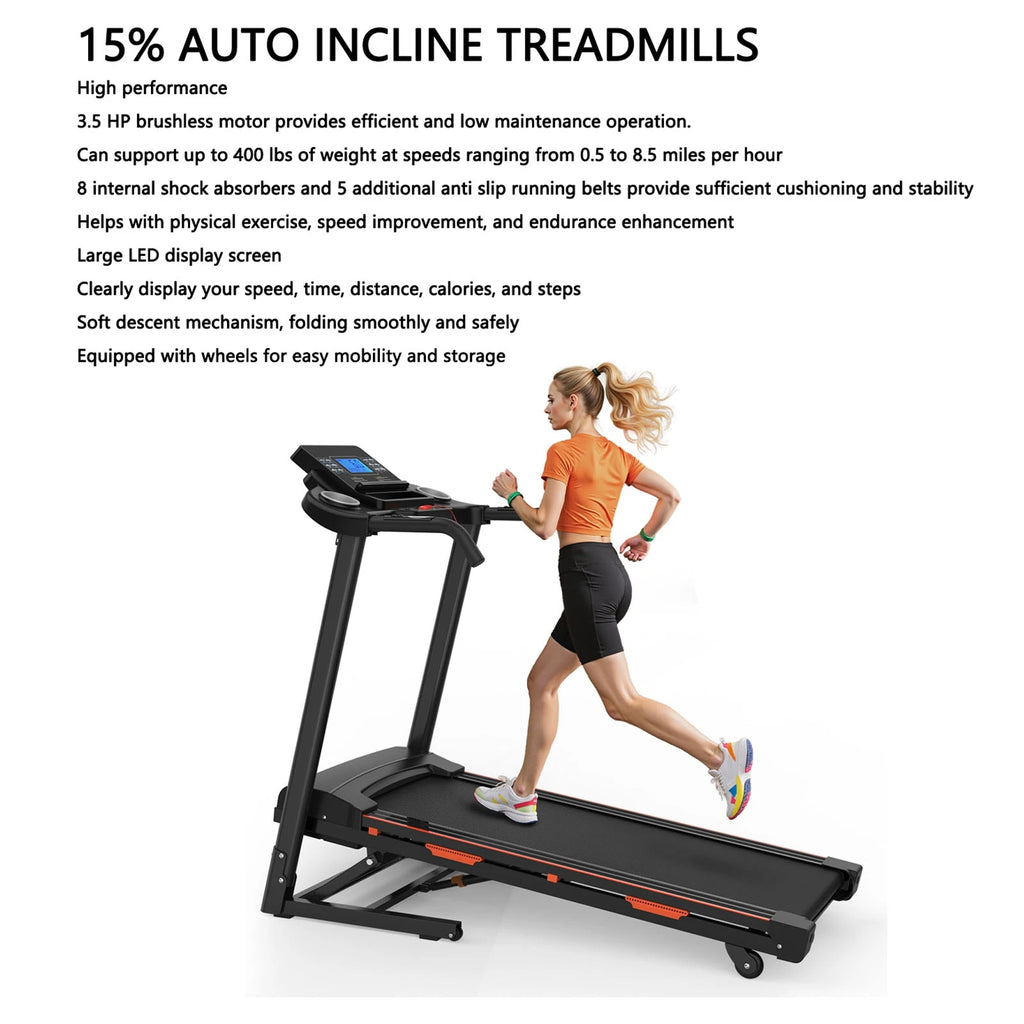 US 15% Auto Incline Treadmills 400LBS Heavy Duty Capacity