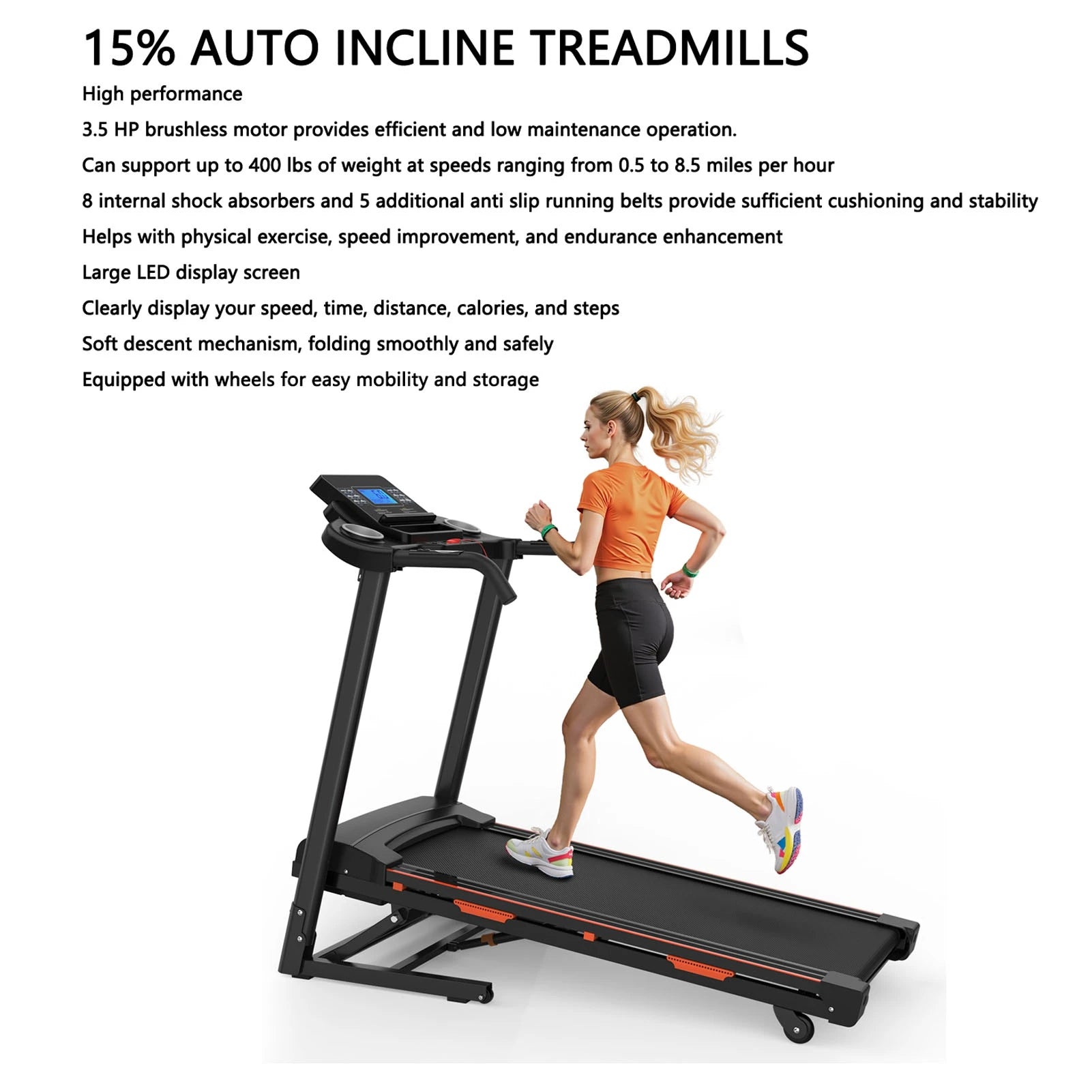 US 15% Auto Incline Treadmills 400LBS Heavy Duty Capacity