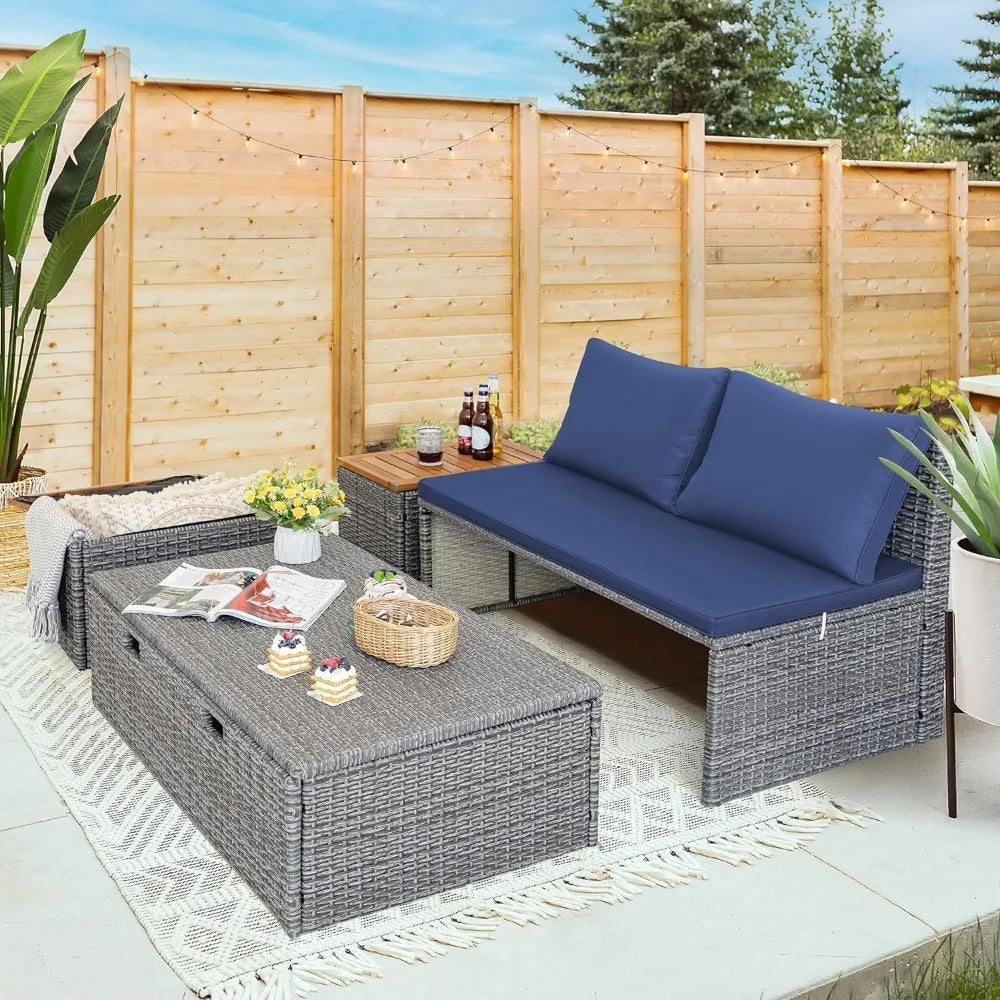 Patio Outdoor Day Bed Multifunctional Rattan Lounge Bed