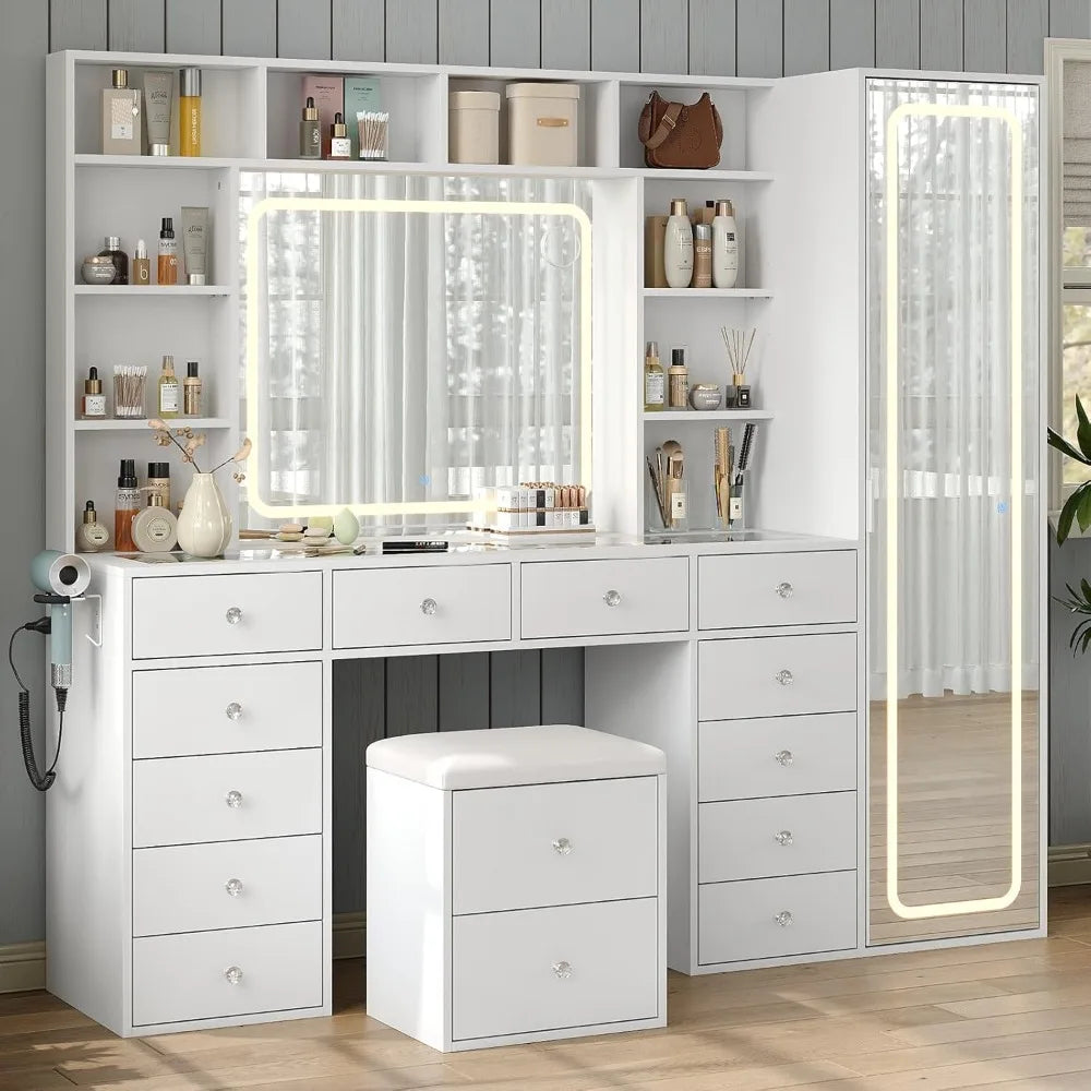 Vanity Desk with Full Length Mirror, LED Makeup Mirror, 14 Drawers & 10 Shelves, Dimmable Lighting, Power Outlet for Bedroom