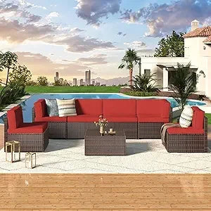 7 Piece Outdoor Patio Furniture Set, Rattan Wicker with Tea Table