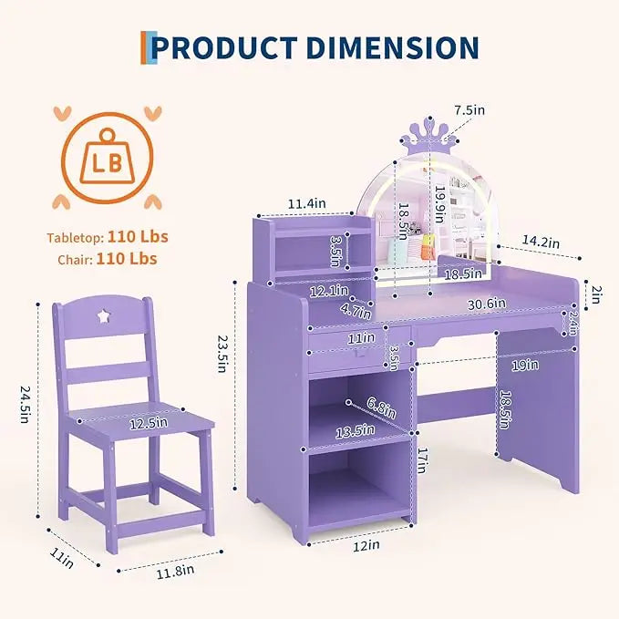 Kids Vanity with Lights, 2 in 1 Princess Vanity Desk & Chair Set