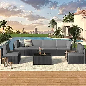 7 Piece Outdoor Patio Furniture Set, Rattan Wicker with Tea Table