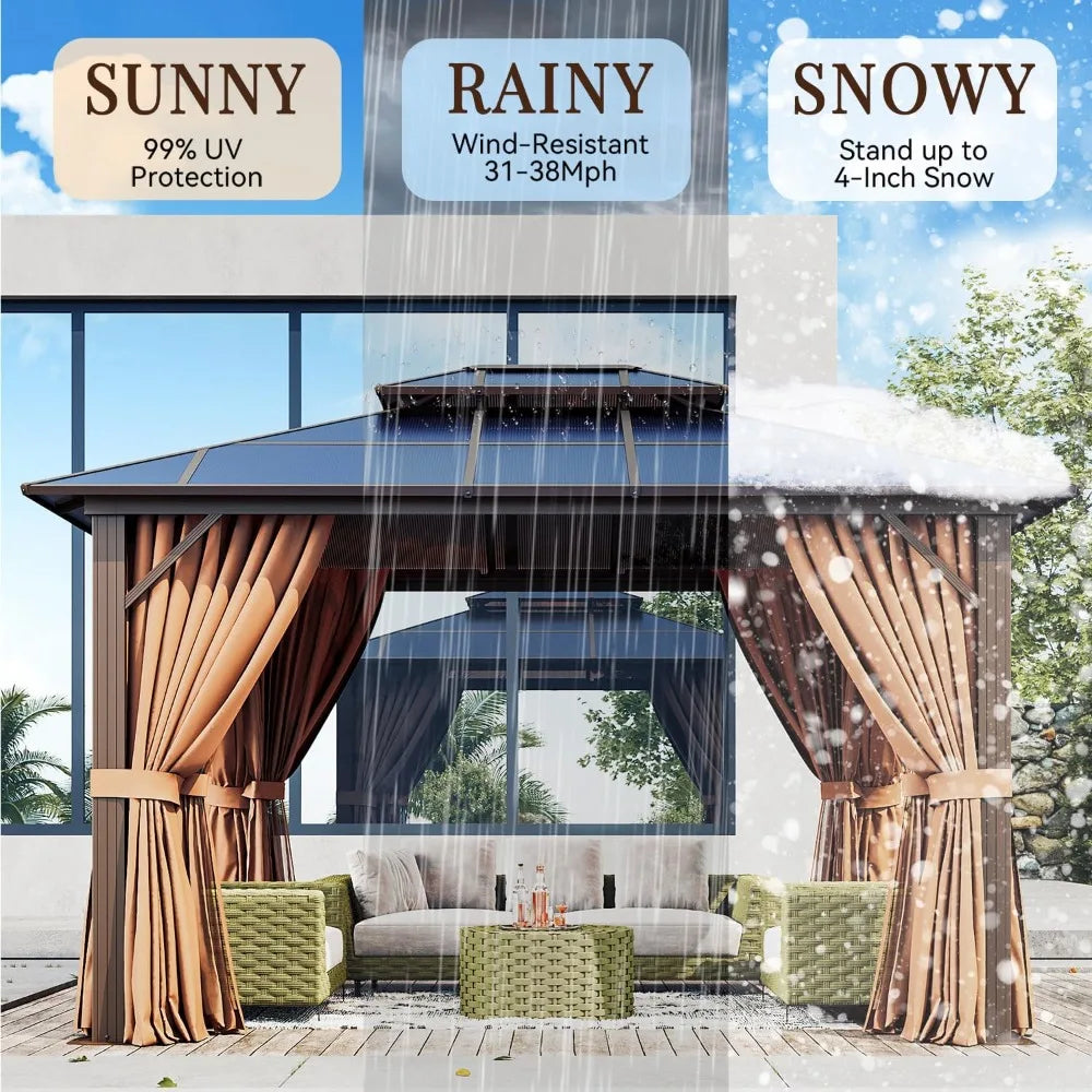 10x12ft Hardtop Gazebo with Double Roof Netting & Curtains