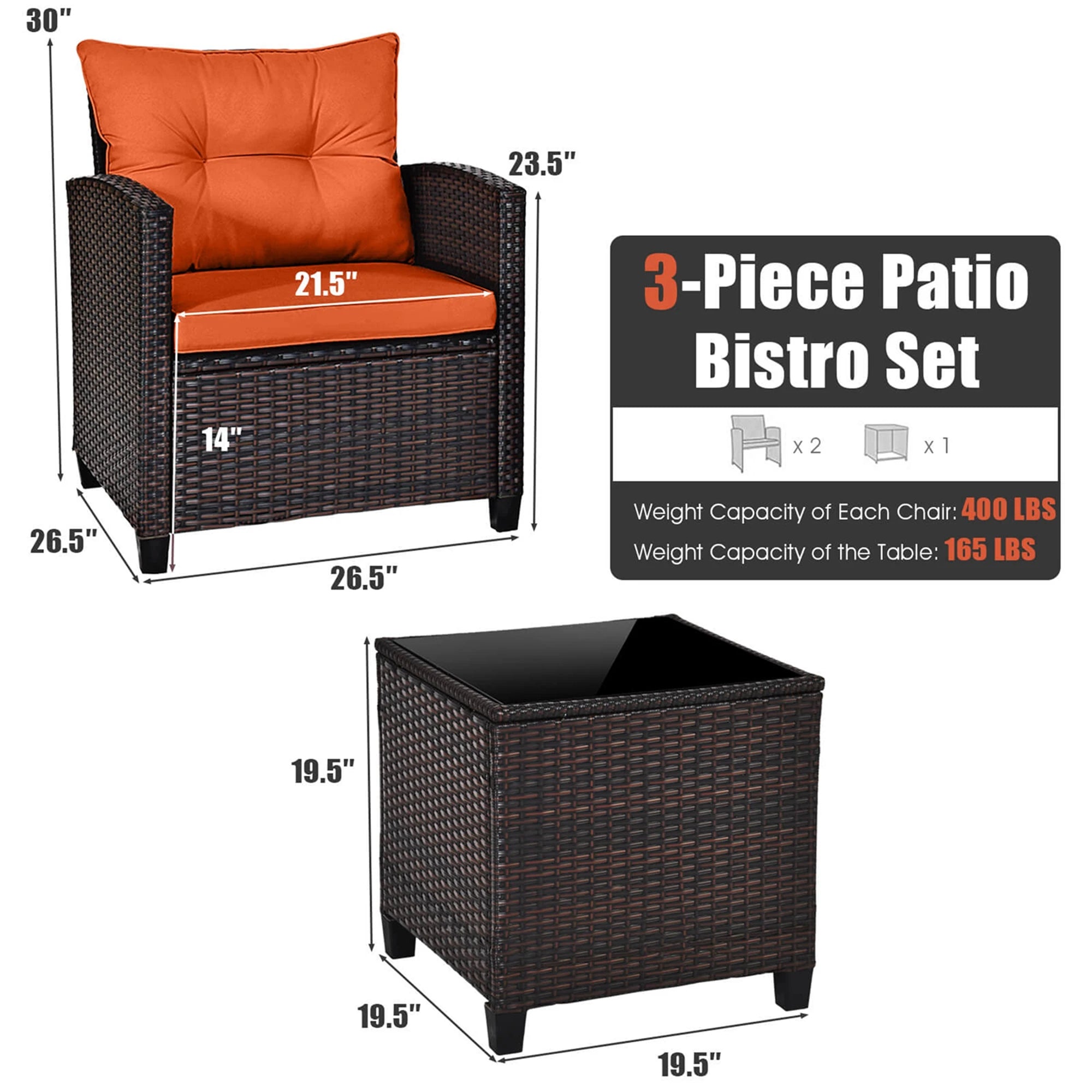 3 PCS Rattan Patio Set With Orange Cushioned