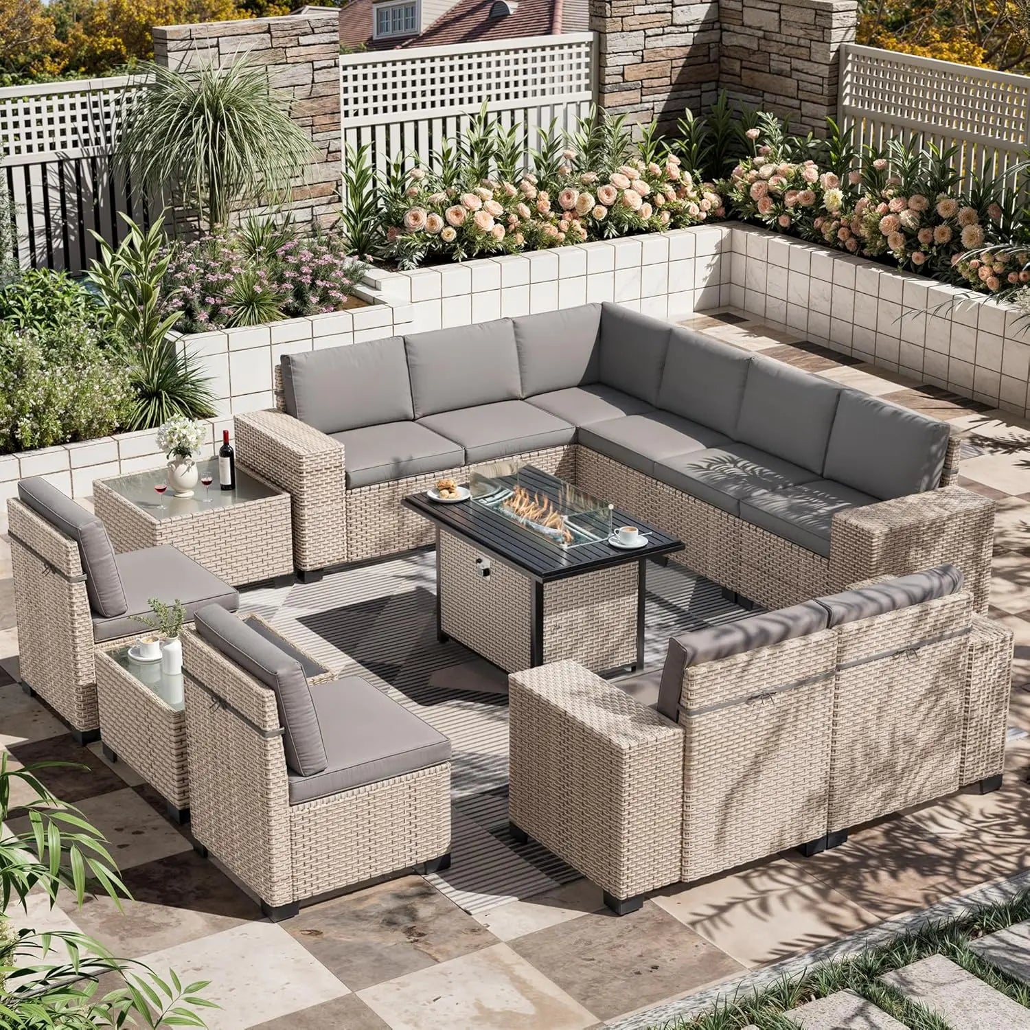 13 Piece Outdoor Wicker Patio Set, High Back Sofa Chairs