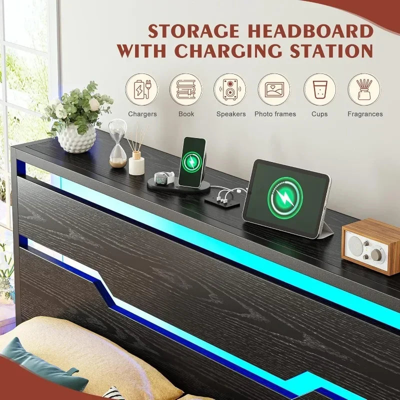 Bed Frame with LED Lights & Charging Station