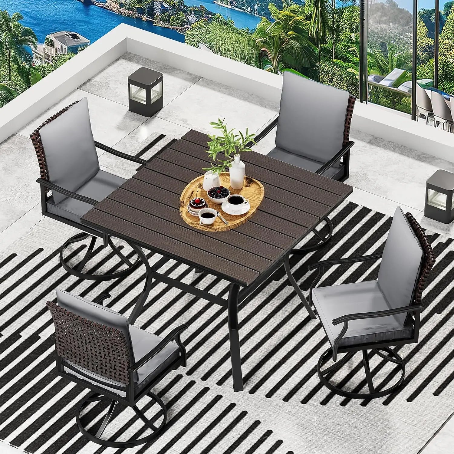 5 Piece Outdoor Patio Dining Set with 4 Swivel Chairs And Table