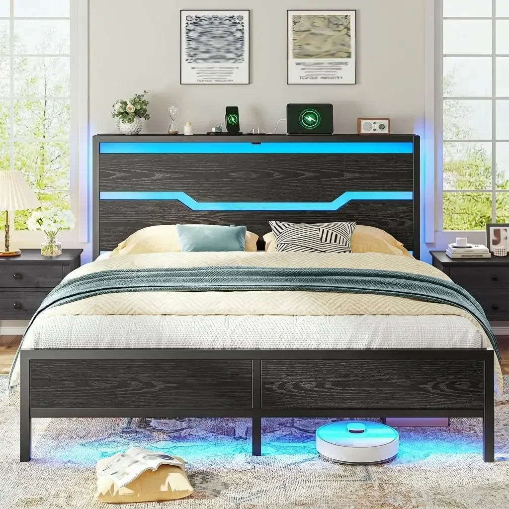 Bed Frame with LED Lights & Charging Station