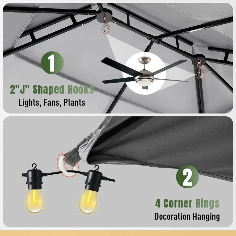 Gazebo 10x12, Metal Frame Canopy with Double Roof And Mosquito Net