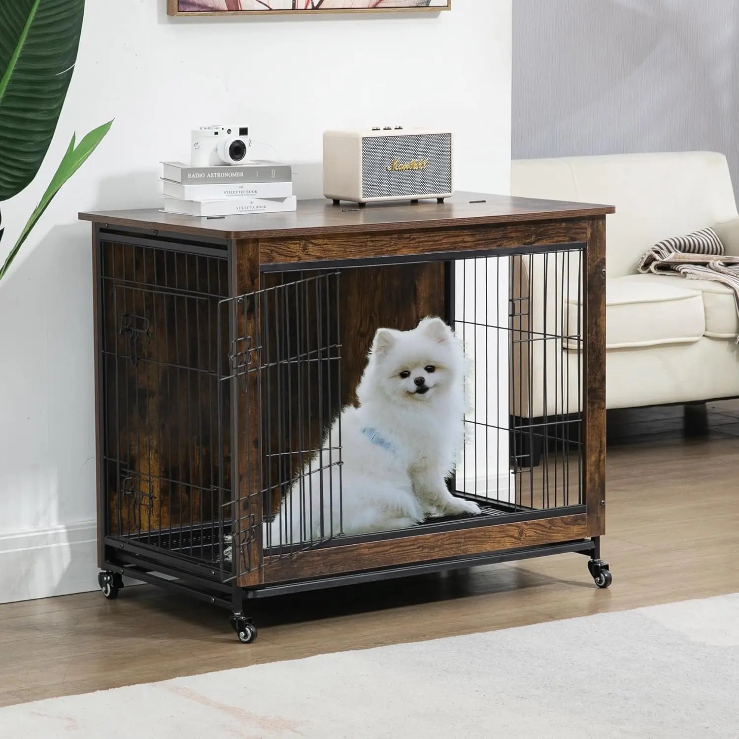 Rustic Dog Crate with Wheels 26in Heavy Duty Metal