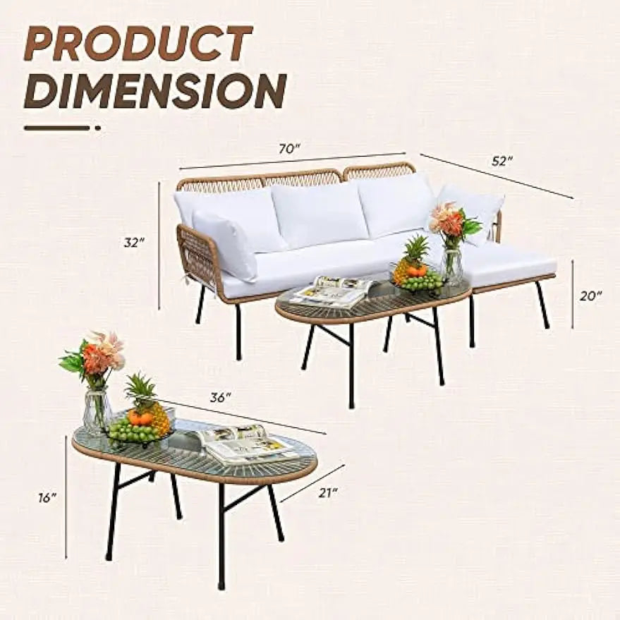 Outdoor L-Shaped Rope Sofa Set with Table & Cushions,