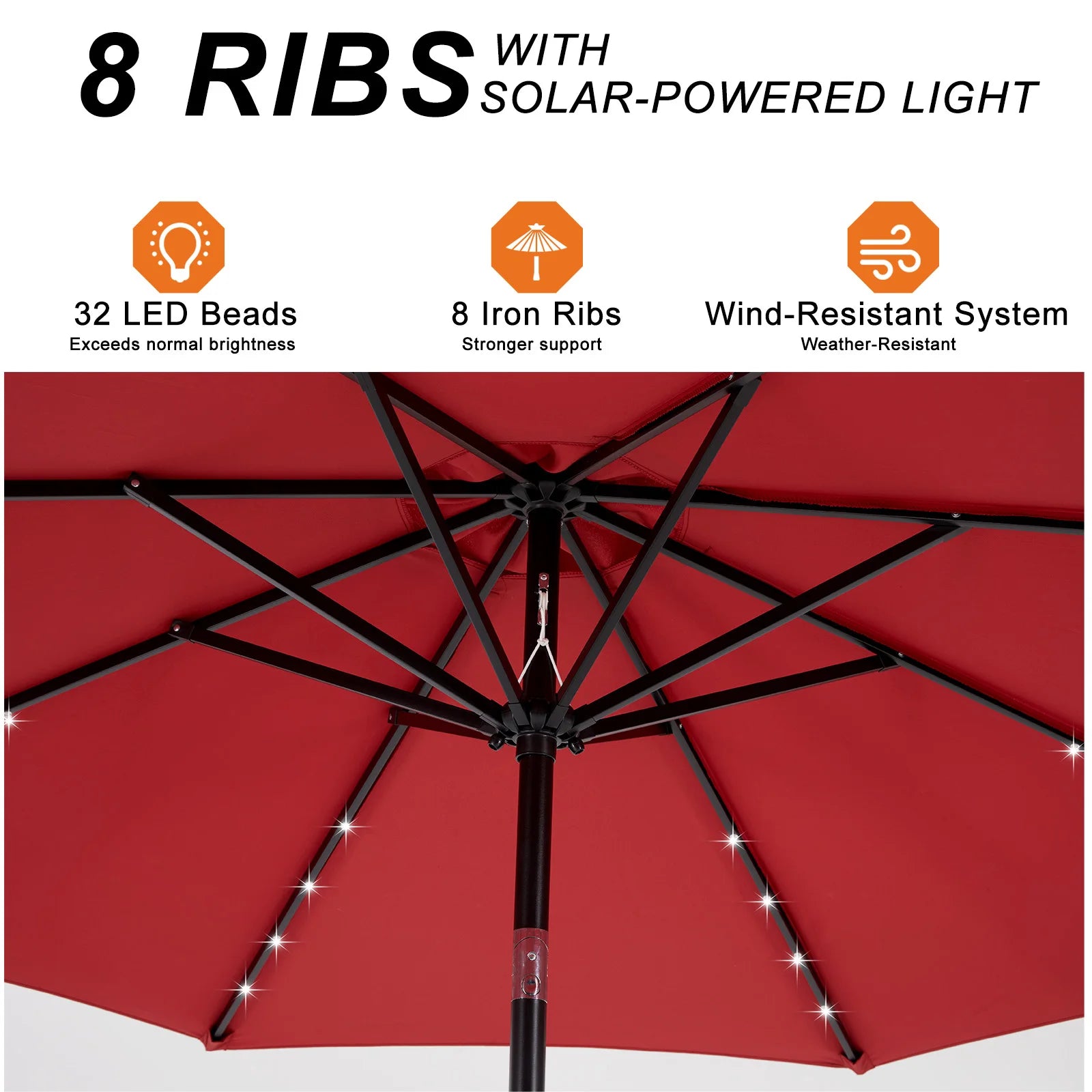 10FT Solar Patio Umbrella with 32 LED Light Outdoor Table Umbrella