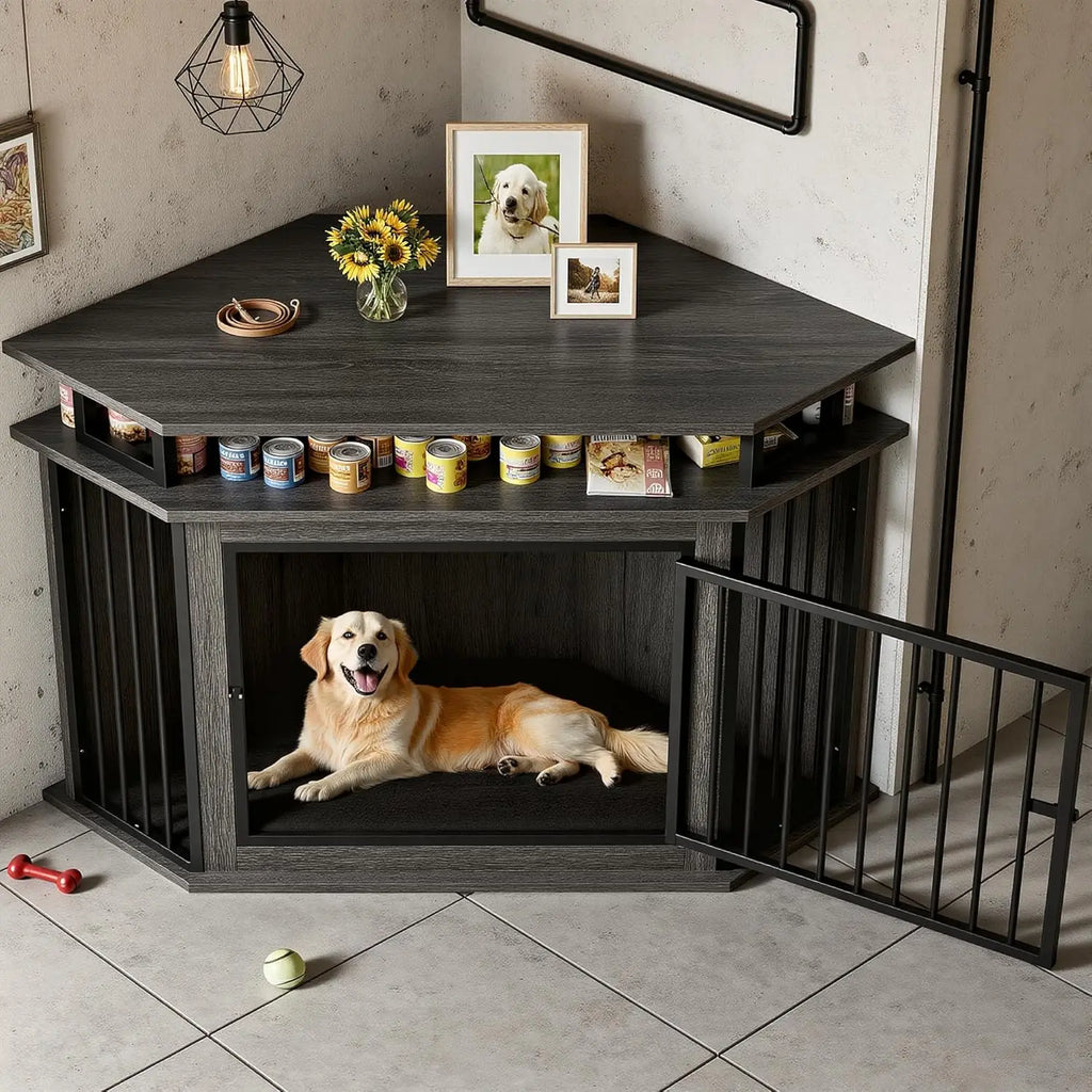 51" Corner Wooden Dog Crate with 2-Tier Shelves