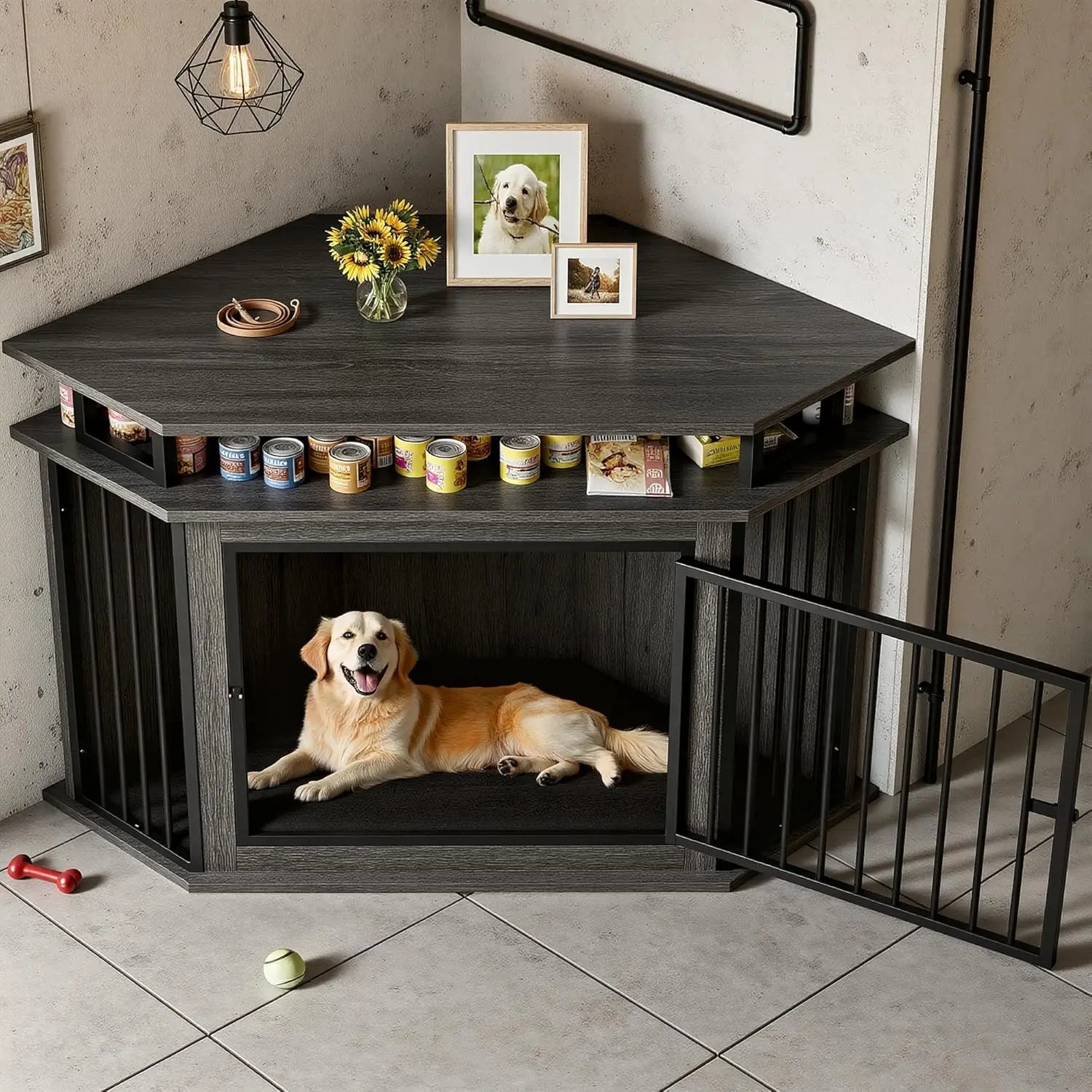 51" Corner Wooden Dog Crate with 2-Tier Shelves