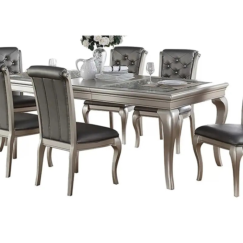 7pc Rect. Glass Dining Table Set w/ Silver Hue