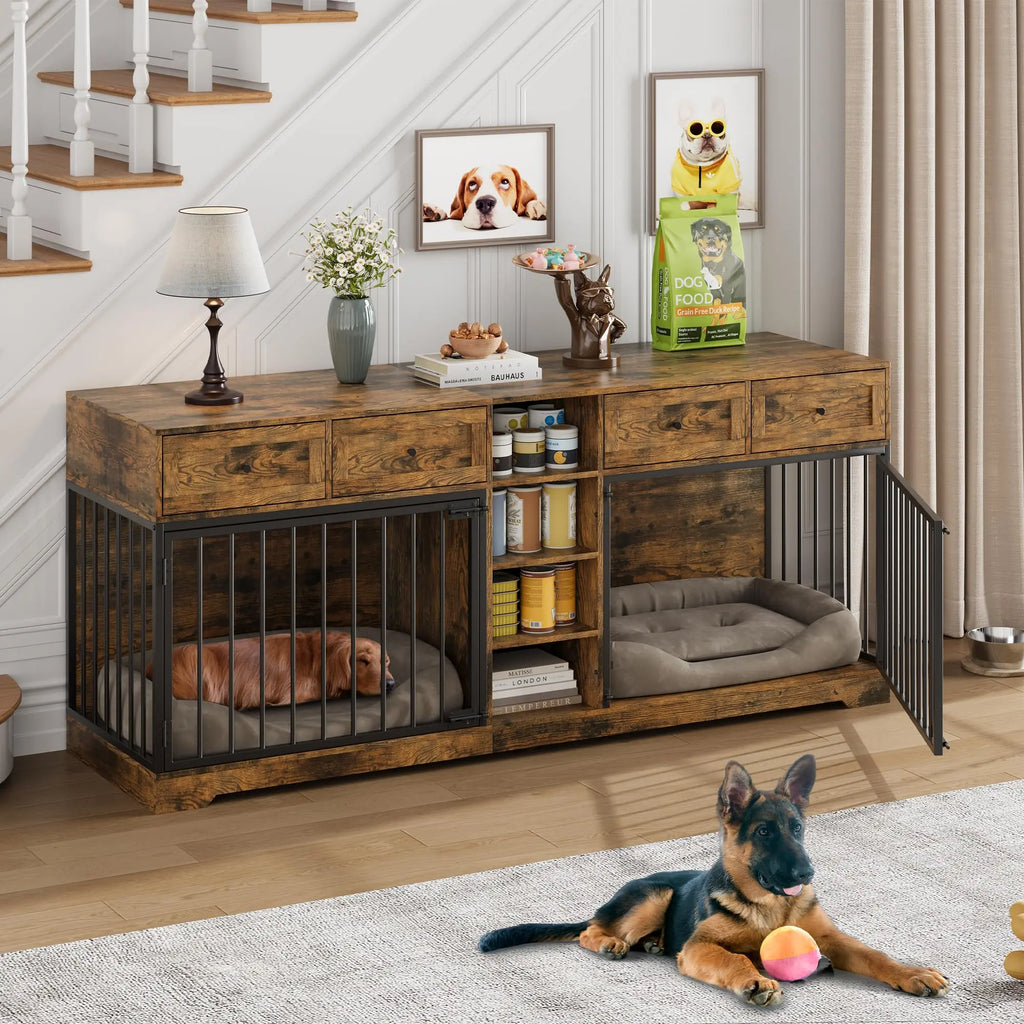 82'' Large Double Dog Crate Furniture TV Stand With 4 Drawers