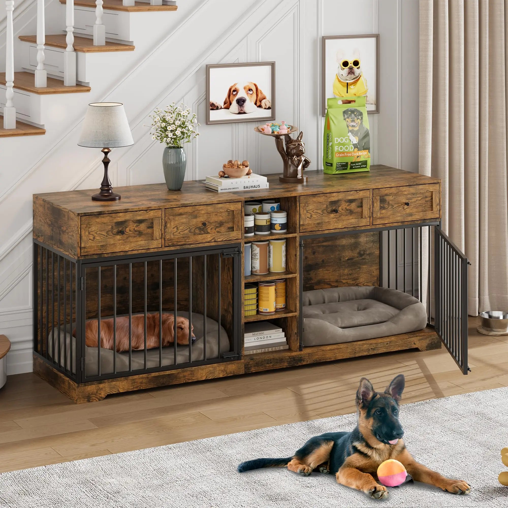 82'' Large Double Dog Crate Furniture TV Stand With 4 Drawers