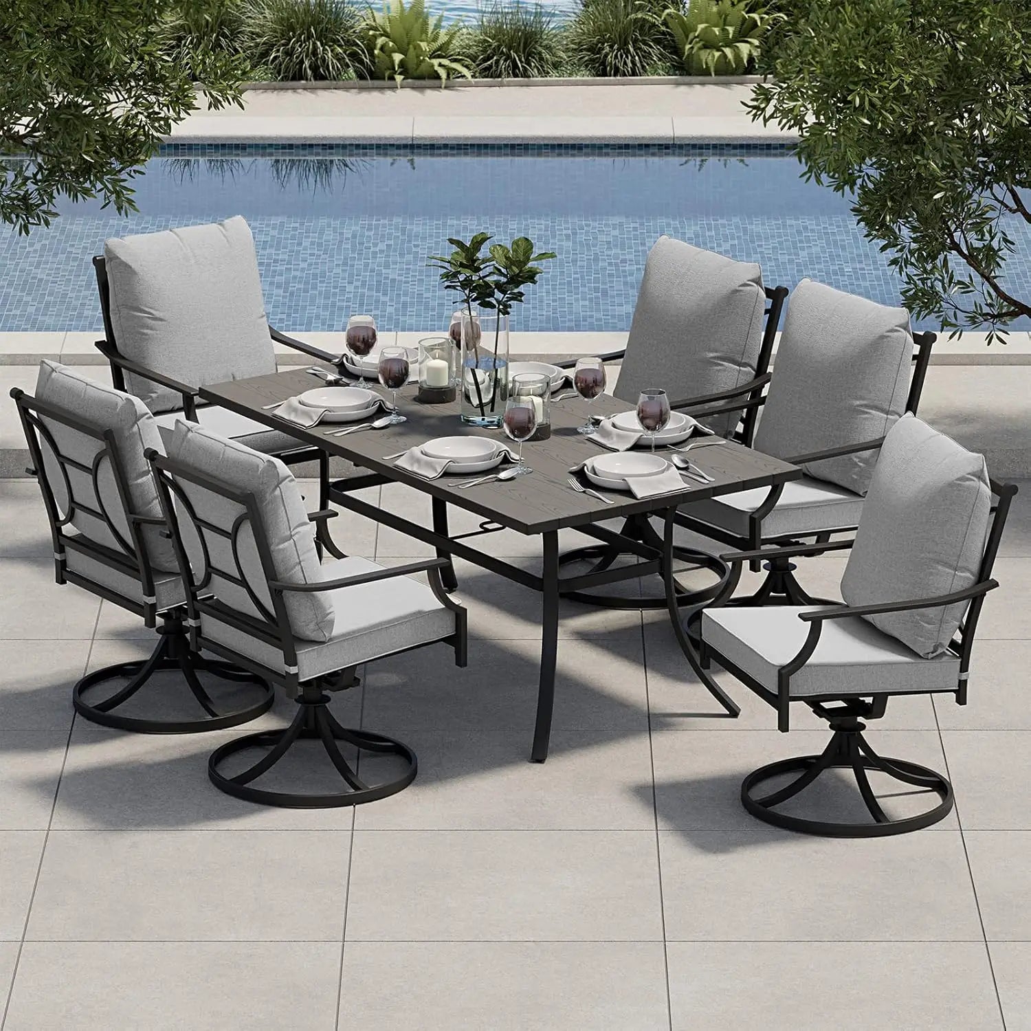 7-Piece Patio Dining Set for 6, Outdoor Swivel Chairs