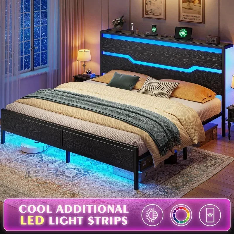 Bed Frame with LED Lights & Charging Station