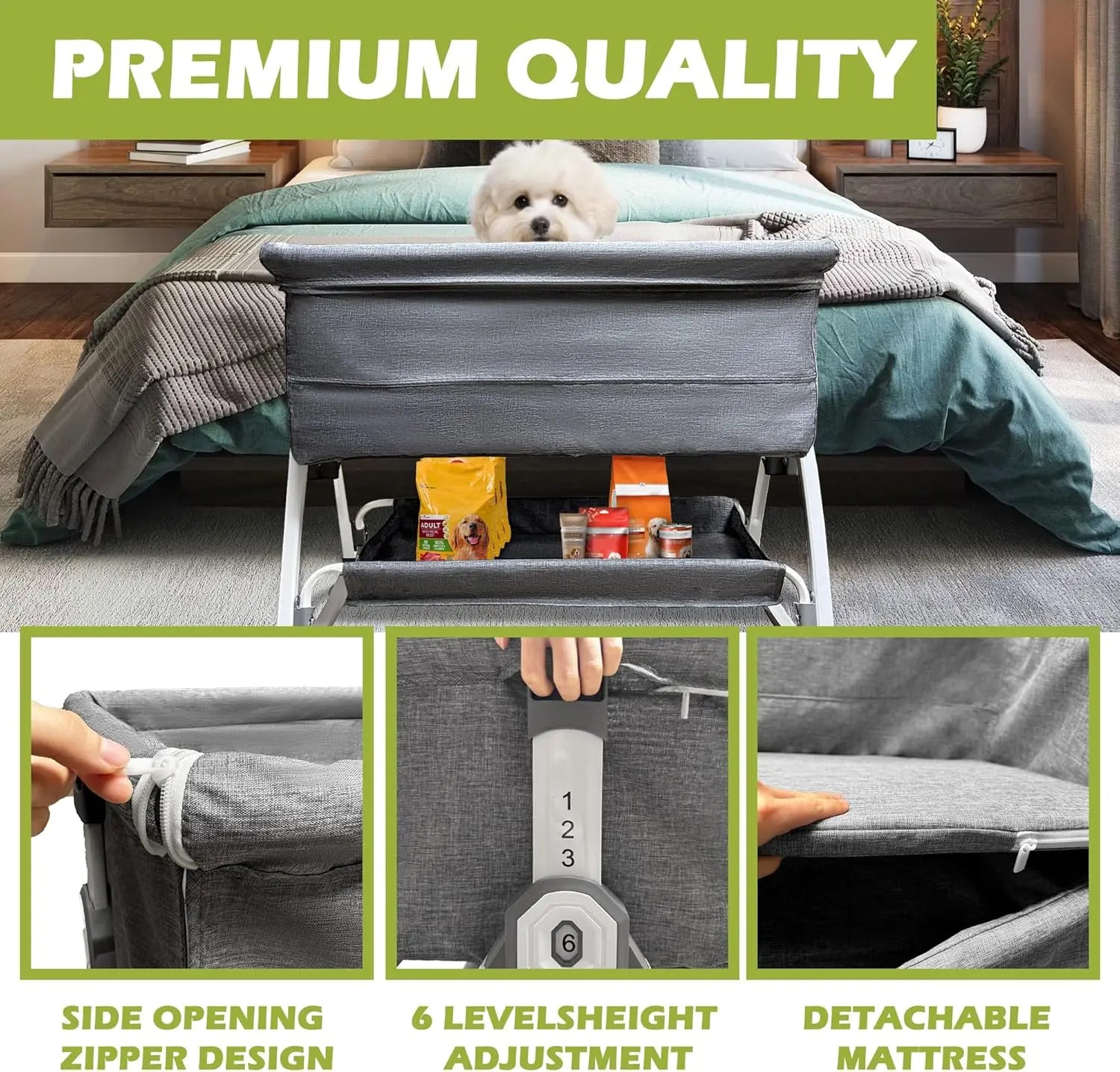 Bedside Sleeper Dog Bed, Adjustable 27''-32''