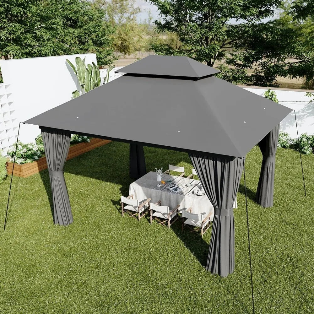 Gazebo 10x12, Metal Frame Canopy with Double Roof And Mosquito Net