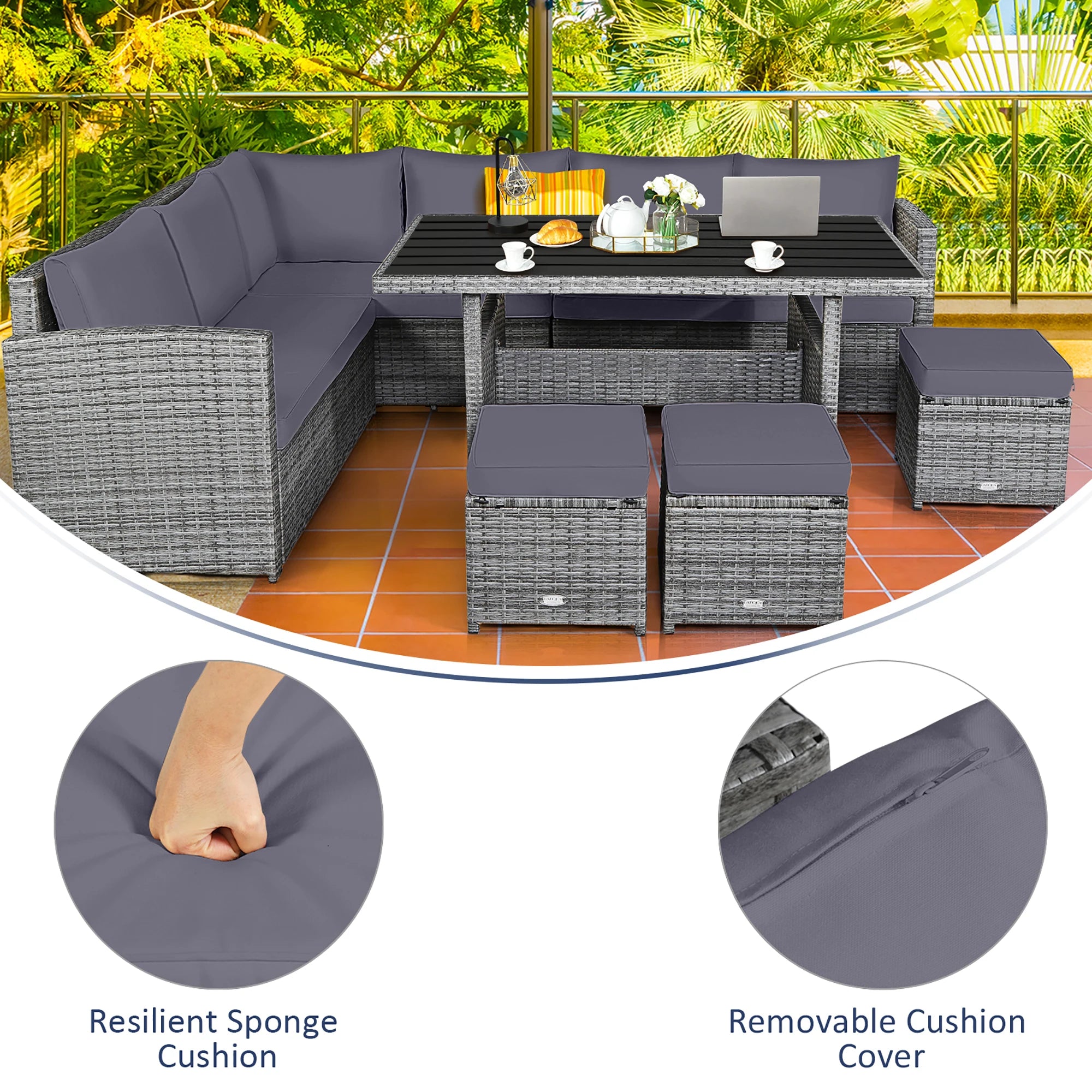 7 PCS Patio Rattan Dining Set Sectional Sofa Couch Ottoman Garden Grey