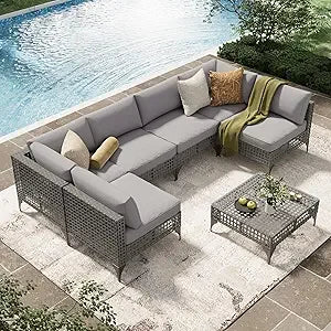 7 Piece Outdoor Patio Furniture Set, Rattan Wicker with Tea Table