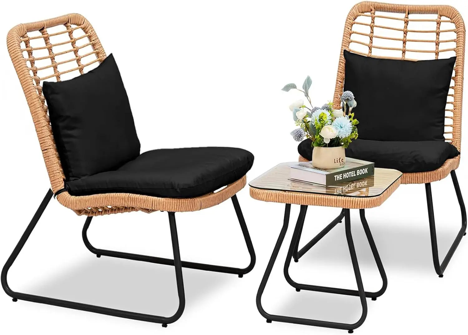 3 Piece Outdoor Wicker Bistro Set, Patio Conversation w/2 Rattan Chairs