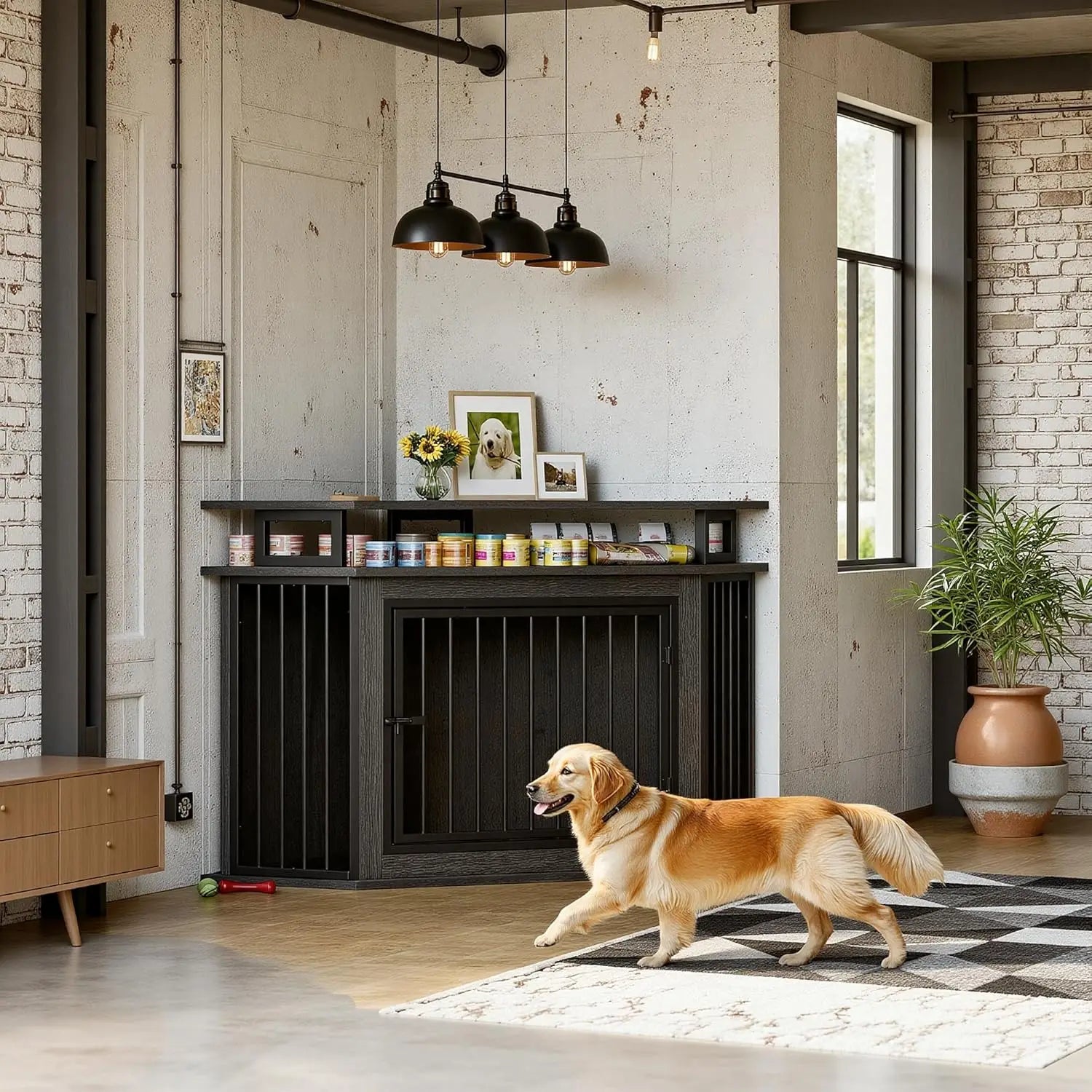 51" Corner Wooden Dog Crate with 2-Tier Shelves