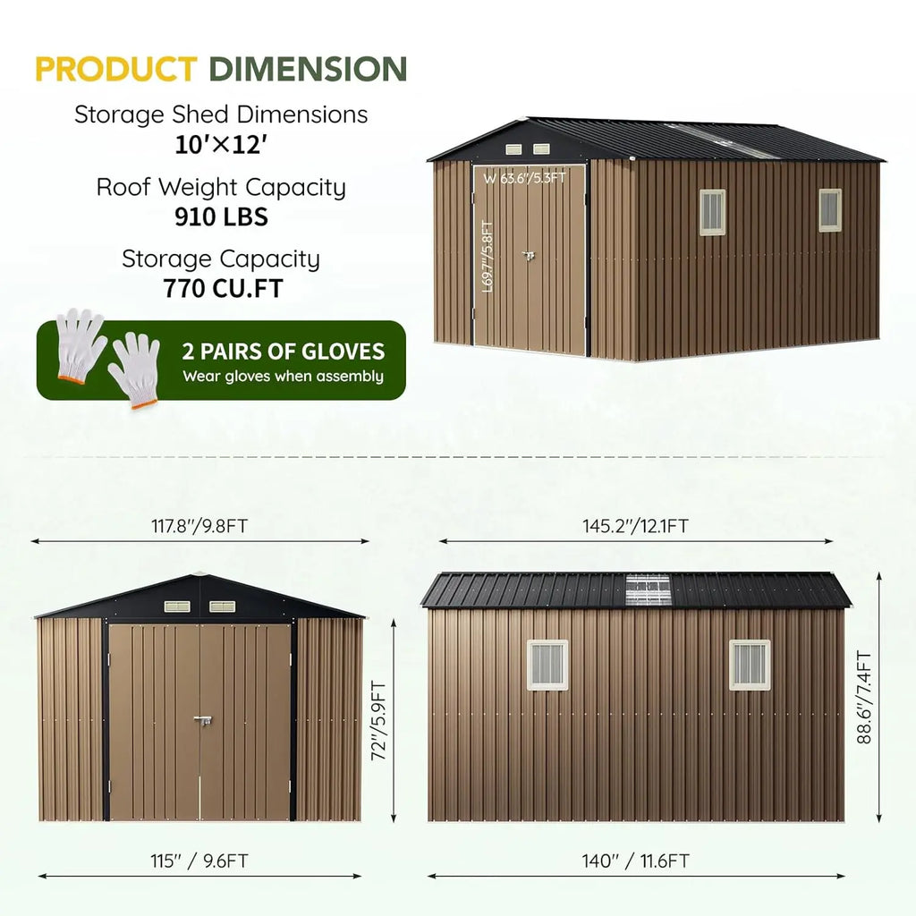 Outdoor Storage Shed 10 x 12ft.  Metal with Lockable Doors