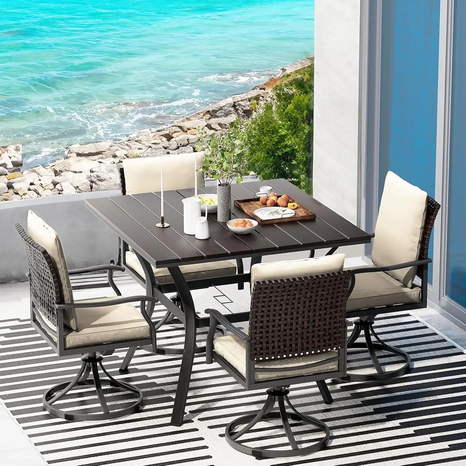5 Piece Outdoor Patio Dining Set with 4 Swivel Chairs And Table