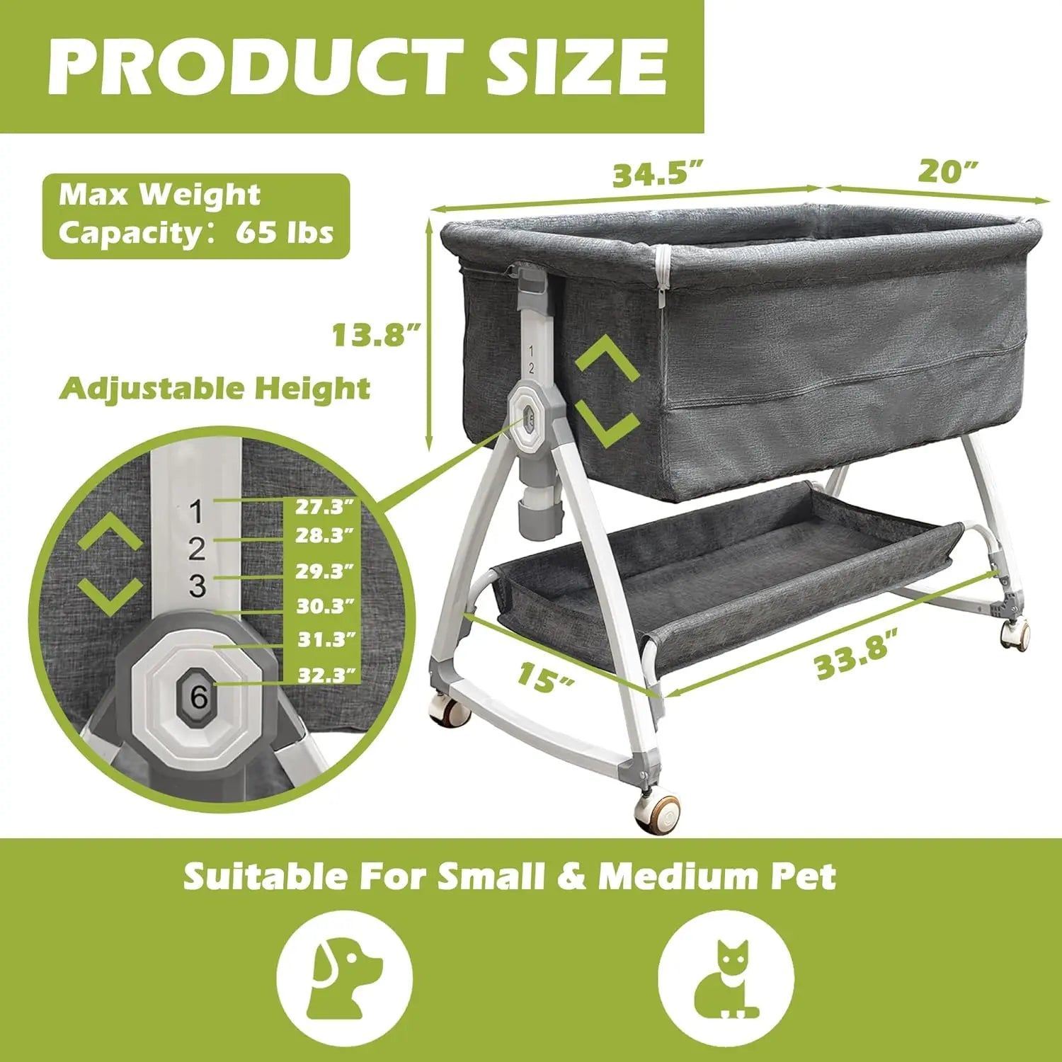 Bedside Sleeper Dog Bed, Adjustable 27''-32''