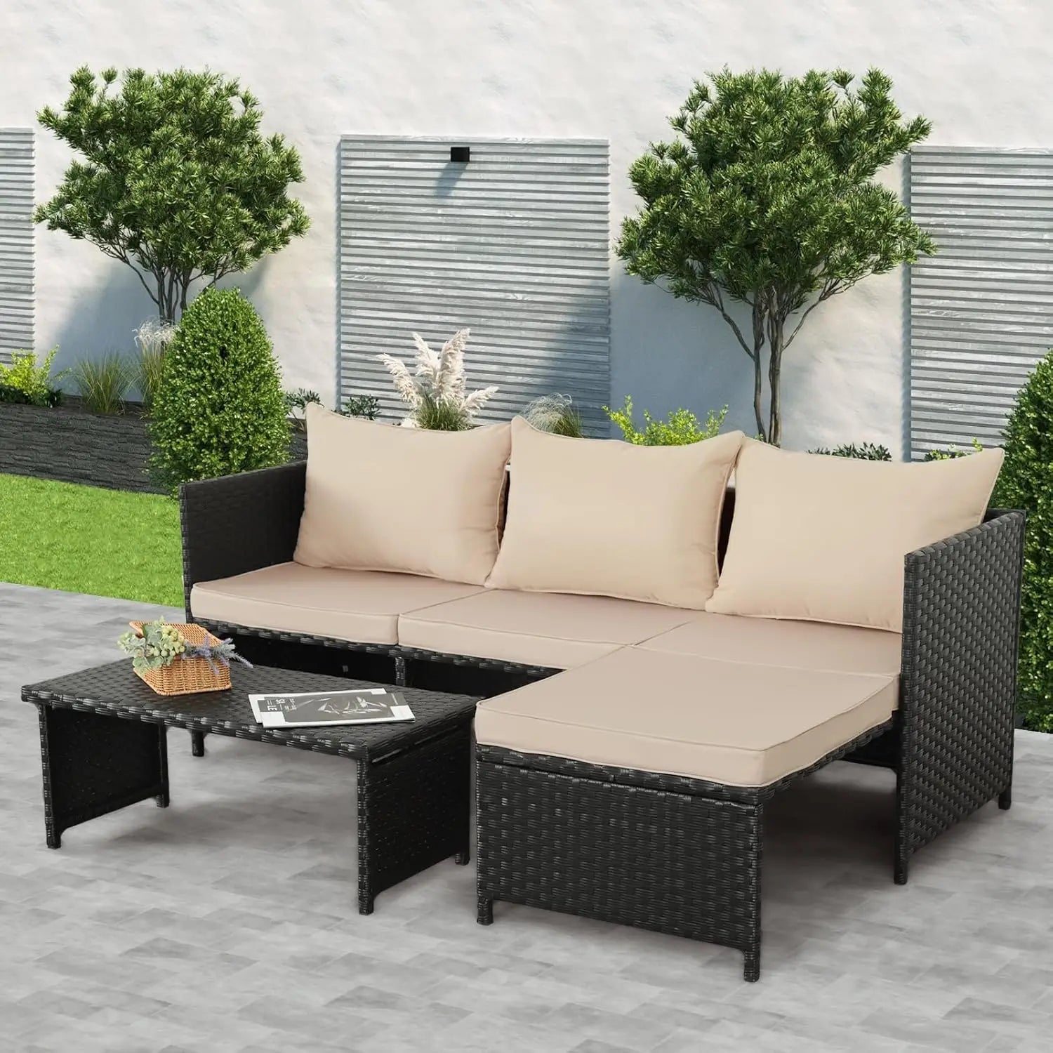 3-Piece Outdoor Rattan Patio Furniture Set, Khaki Cushion